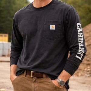 Carhartt Black L/S Pocket Tee M Crewneck 100% Cotton Logo Sleeve Workwear Worn I